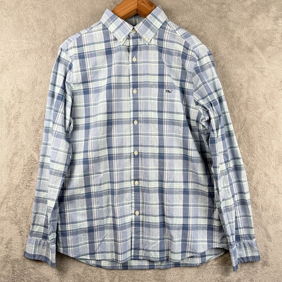 Vineyard Vines Shirt Mens M Blue Plaid Classic Whale Cotton Blend Preppy Stretch - Picture 1 of 9